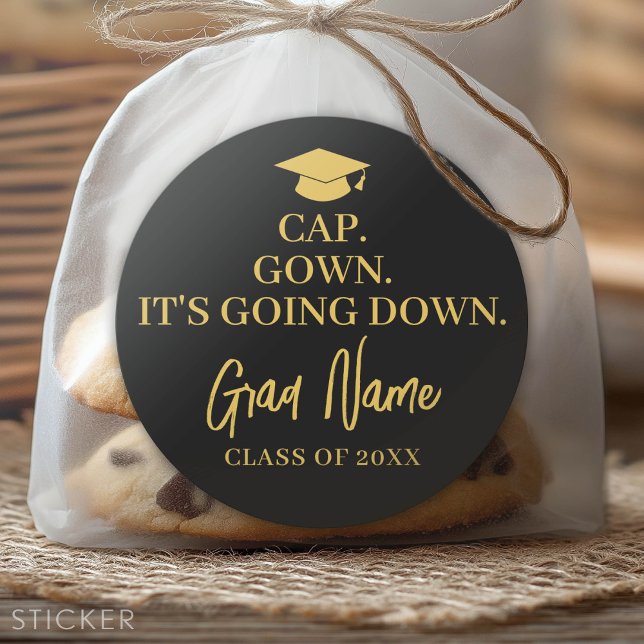 Sticker Rond Casquette Gown It's Going Down - Grad Name - Black (Custom Graduation Sticker - Favor Stickers or Envelope Label)