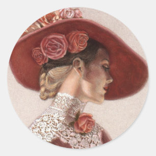 Sticker Rond Casquette rose de cru victorien élégant de Madam