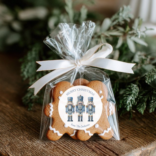 Sticker Rond Casse-Noisette Bleu Joyeux Noël (Blue Nutcracker Christmas Label)