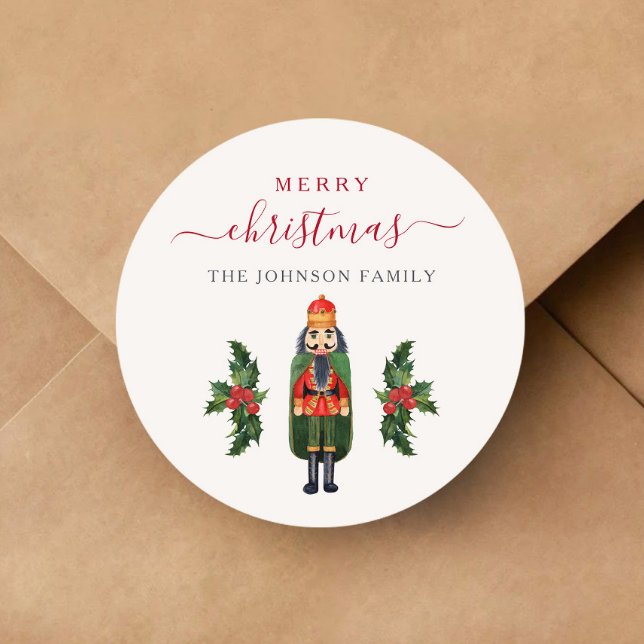 Sticker Rond Casse-Noisette de Fête Joyeux Noël (Festive Nutcracker Merry Christmas Classic Round Sticker)