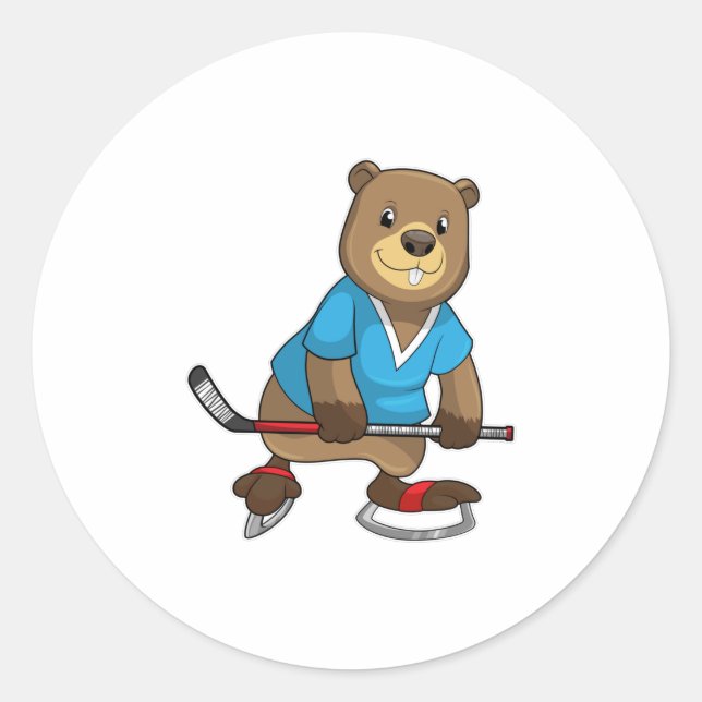 Sticker Rond Castor au hockey sur glace avec bâton de hockey su (Devant)