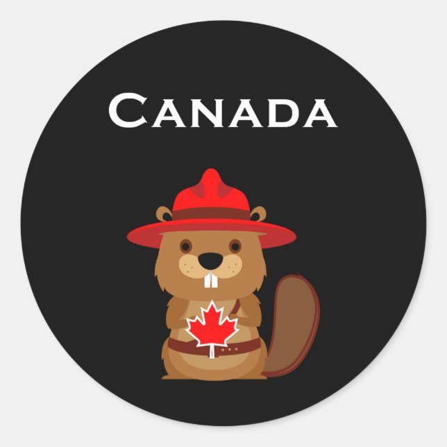 Sticker Rond Castor Canada mignon avec feuille d'érable couleur (Devant)