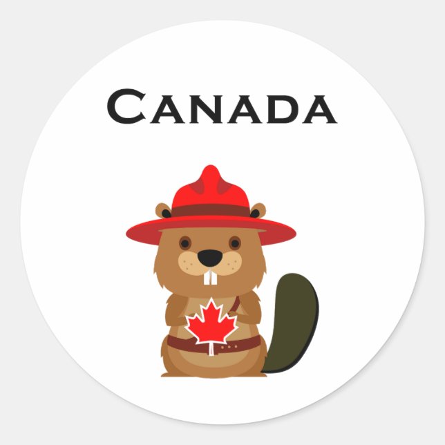 Sticker Rond Castor Canada mignon avec feuille d'érable couleur (Devant)