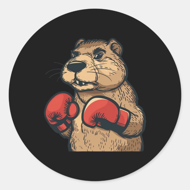 Sticker Rond Castor Drôle Avec Gants De Boxe Rouge Costume (Devant)