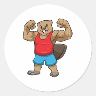 Sticker Rond Castor en Bodybuilder avec gros bras