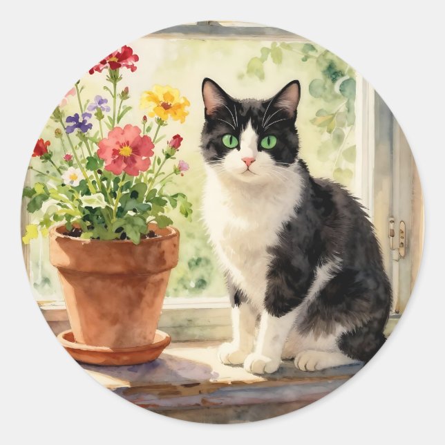 Sticker Rond Cat and Flower Themed (Devant)