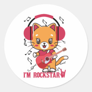 Sticker Rond Cat And Rock Je suis Rockstar Cool Cat Band Rockca