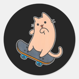 Sticker Rond Cat and Skateboard Skateboarding Drôle de dessin a