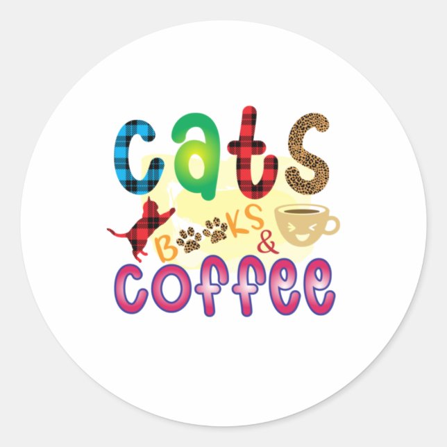 Sticker Rond Cat Art Chats Livres Café (Devant)