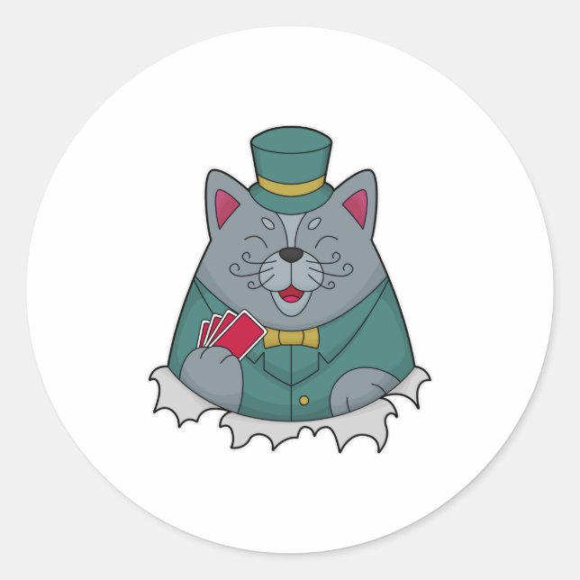 Sticker Rond Cat at Poker avec cartes de Poker (Devant)