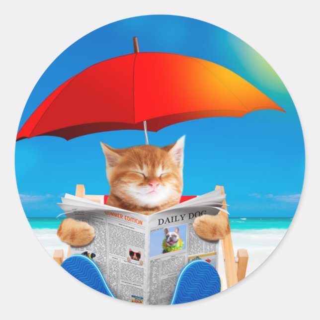 Sticker Rond Cat At The Beach (Devant)