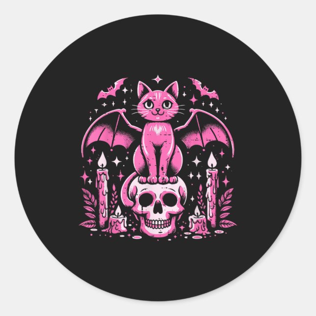 Sticker Rond Cat Bat On Skull Halloween Costume Goth Women Girl (Devant)
