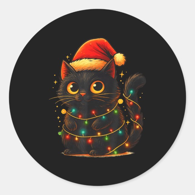 Sticker Rond Cat Black Christmas Tree Lights Funny Santa Kitten (Devant)