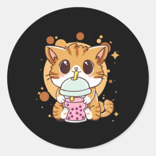 Sticker Rond Cat Boba Tea Bubble Tea Kawaii Anime Japanese Neko