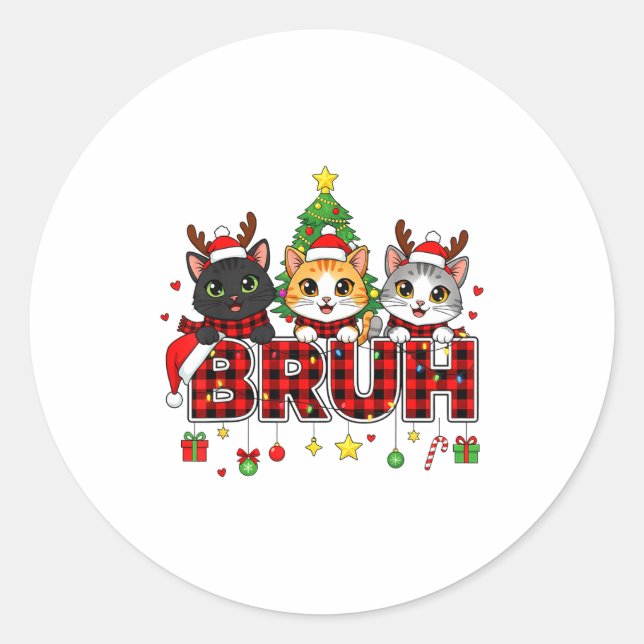 Sticker Rond Cat Christmas Light Reindeer Santa Bruh Funny  (Devant)