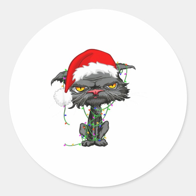 Sticker Rond Cat Christmas Lights Bored Cat Santa Hat Funny Cat (Devant)