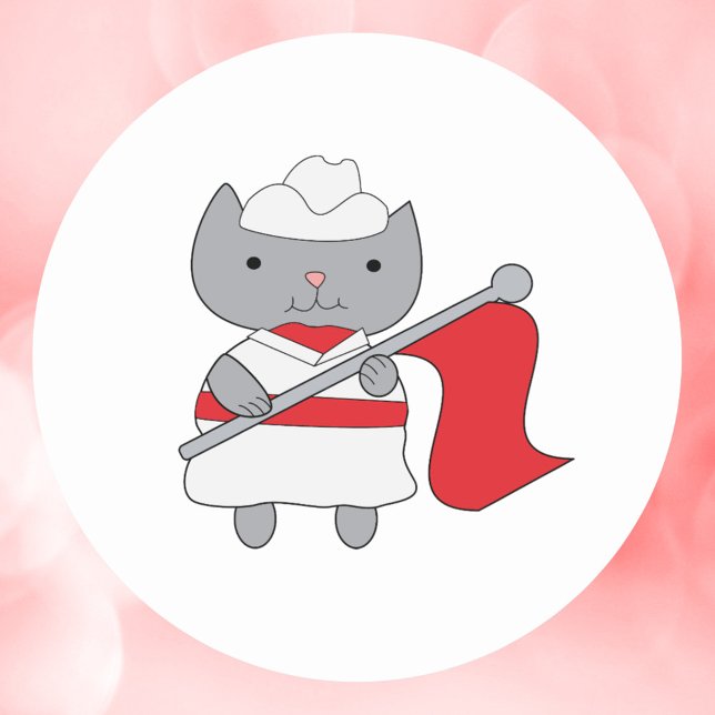Sticker Rond Cat Color Guard Rouge Blanc (A sticker featuring a gray kitty cat in a red and white color guard uniform.)
