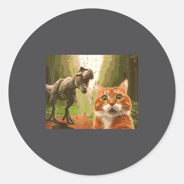 Sticker Rond Cat Dinosaur Trex Selfie Funny Meme Humor Boys Gir (Devant)