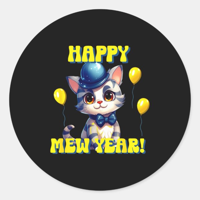 Sticker Rond Cat Happy New Year Mew Year Funny New Years Party  (Devant)