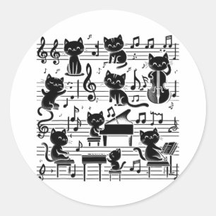 Sticker Rond Cat Kitty Jouer Musique Note Musicien Cat