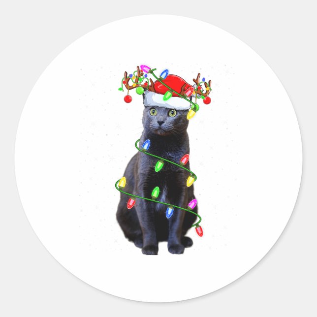 Sticker Rond Cat Lover Xmas Lighting Santa Russian Blue Cat Chr (Devant)