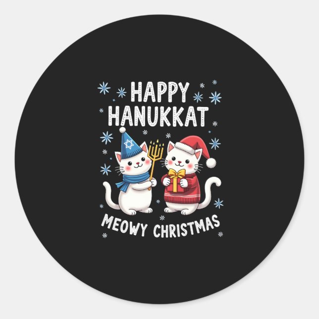 Sticker Rond Cat Merry Christmas Happy Hanukkah Jewish Christia (Devant)