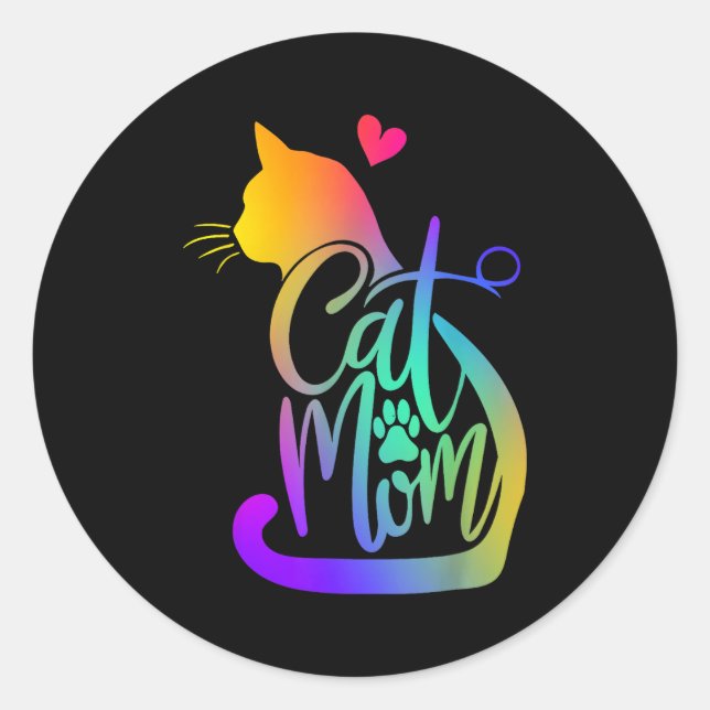 Sticker Rond Cat Mom Cat Lover Cute Mother's Day Mama I Love My (Devant)