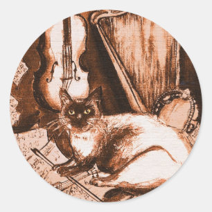 Sticker Rond CAT MUSICAL, Brown et blanc