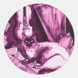Sticker Rond CAT MUSICAL, fuchsia pourpre rose et blanc