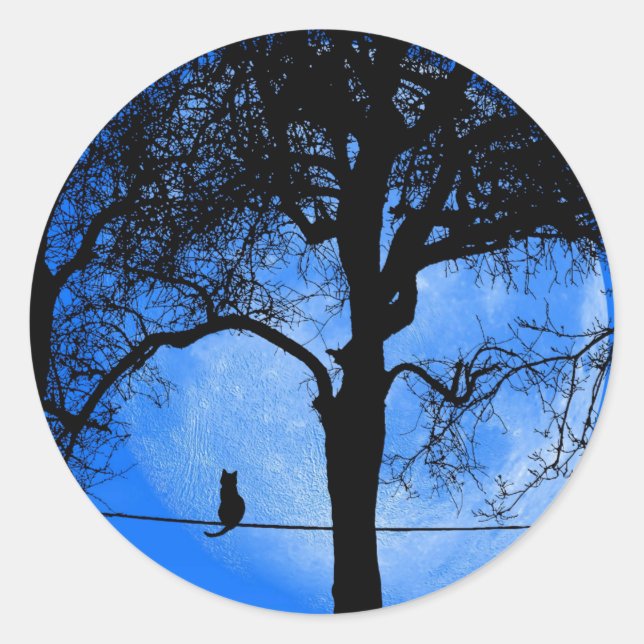 Sticker Rond Cat on a Wire Blue Moon (Devant)