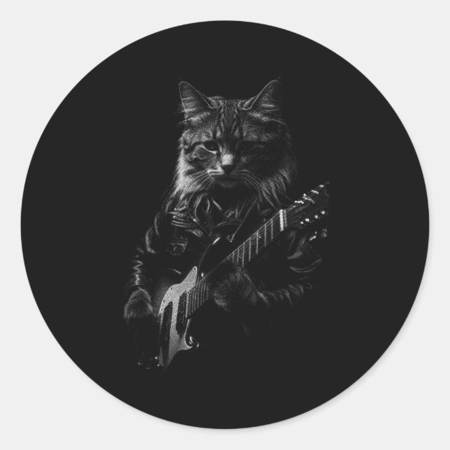 Sticker Rond Cat Playing Guitar Rock Star Rock And Roll Men Wom (Devant)