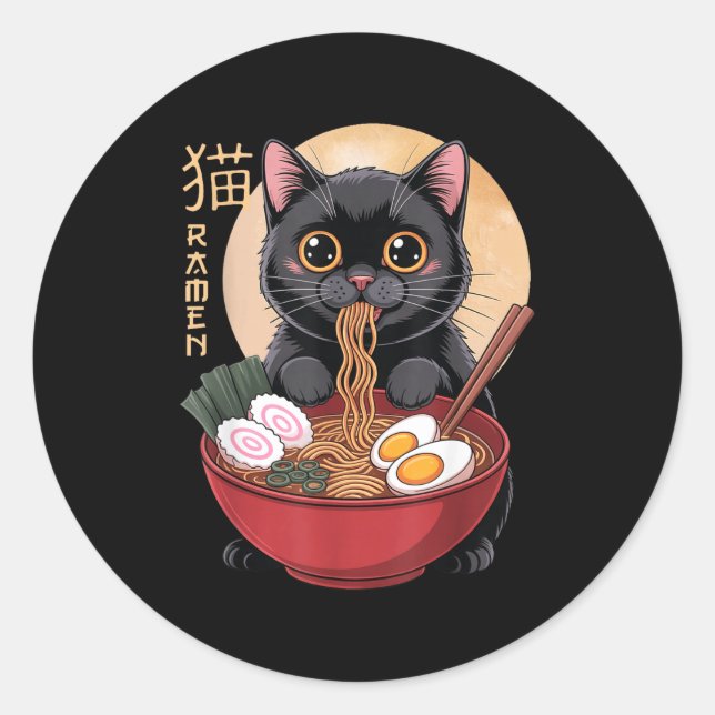 Sticker Rond Cat Ramen Funny Graphic Tees Japanese Kawaii Cat A (Devant)