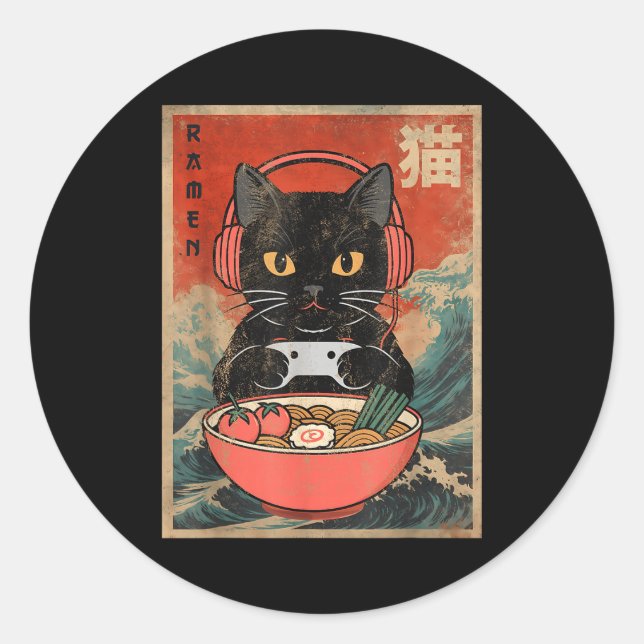 Sticker Rond Cat Ramen Japanese Funny Graphic Kawaii Anime  (Devant)