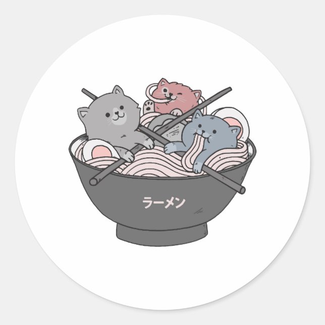 Sticker Rond Cat Ramen Kawaii (Devant)