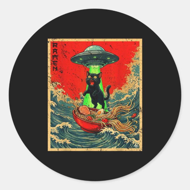 Sticker Rond Cat Ramen Ufo Japanese Anime Graphic Tees Men Wome (Devant)