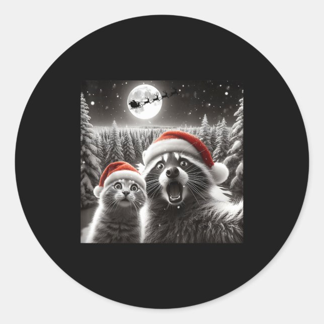 Sticker Rond Cat Selfie Racoon Funny Santa Christmas Dog  (Devant)