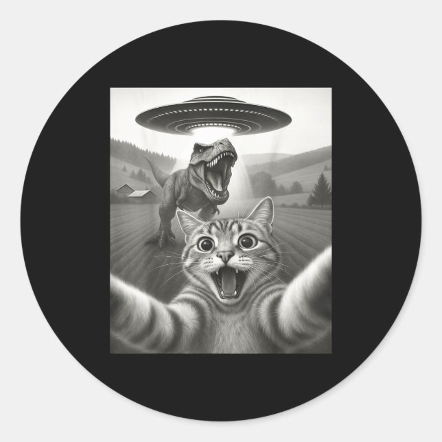 Sticker Rond Cat Selfie With Alien Ufo &amp; T-rex Dinosaur Fun (Devant)