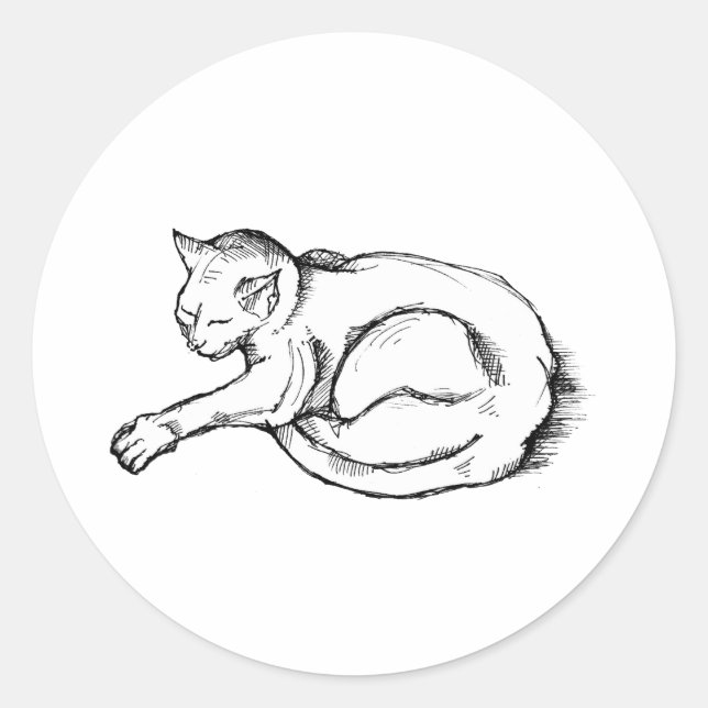 Sticker Rond Cat Sleeping Illustration Pen Drawing Art (Devant)