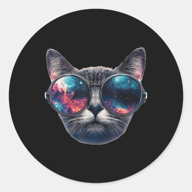 Sticker Rond Cat Space Gles Sungles Universe Mème amusant Graph (Devant)