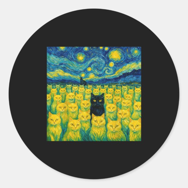 Sticker Rond Cat Starry Night Van Gogh Cat For Cat Lover  (Devant)