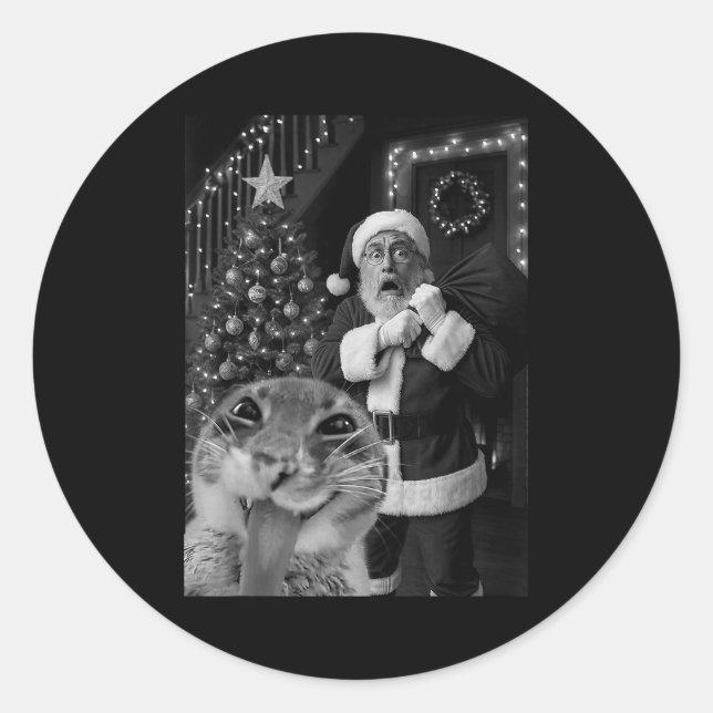 Sticker Rond Cat Taking A Selfie Santa Christmas Xmas Pajamas H (Devant)