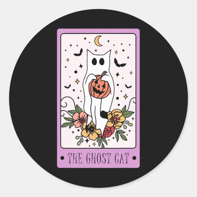 Sticker Rond Cat Tarot Card Ghost Halloween Citrouille Chat Lov (Devant)
