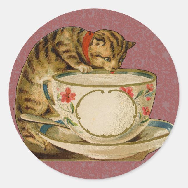 Sticker Rond Cat Teacup Cute Vintage Victorien (Devant)
