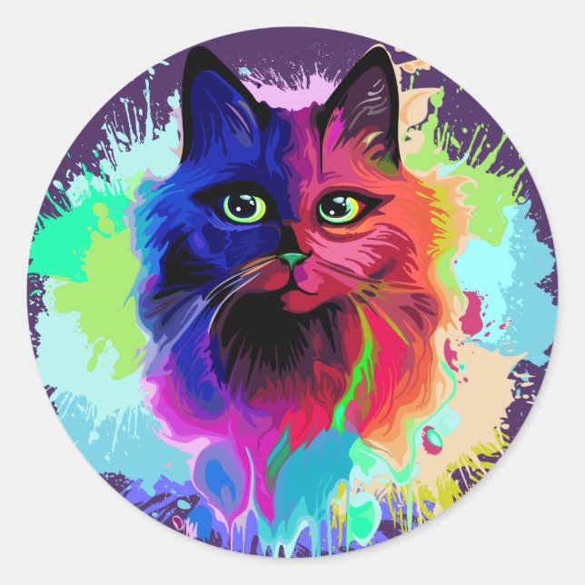 Sticker Rond Cat Trippy Psychedelic Pop Art (Devant)