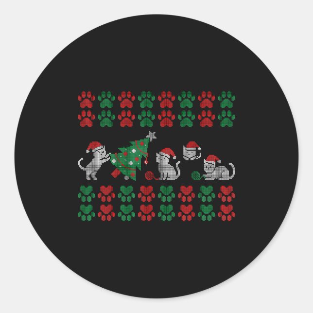 Sticker Rond Cat Ugly Sweater Pattern Christmas Knitting  (Devant)