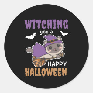 Sticker Rond Cat Witch Witching You A Happy Halloween