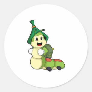 Sticker Rond Caterpillar en tant qu'étudiant avec sac à dos