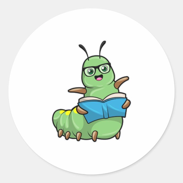 Sticker Rond Caterpillar Nerd avec livre et lunettes (Devant)