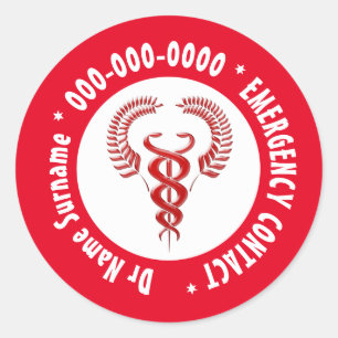 Sticker Rond Catéus rouge en blanc avec contact d'urgence