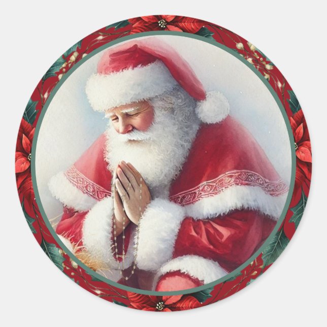 Sticker Rond Catholic Christmas Santa with Rosary Poinsettias (Devant)